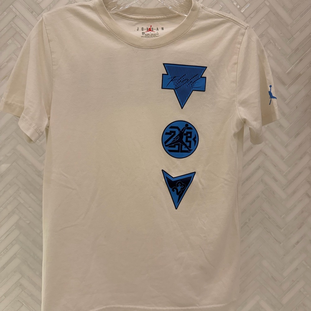 Jordan White Tee with Blue Geometric Graphics